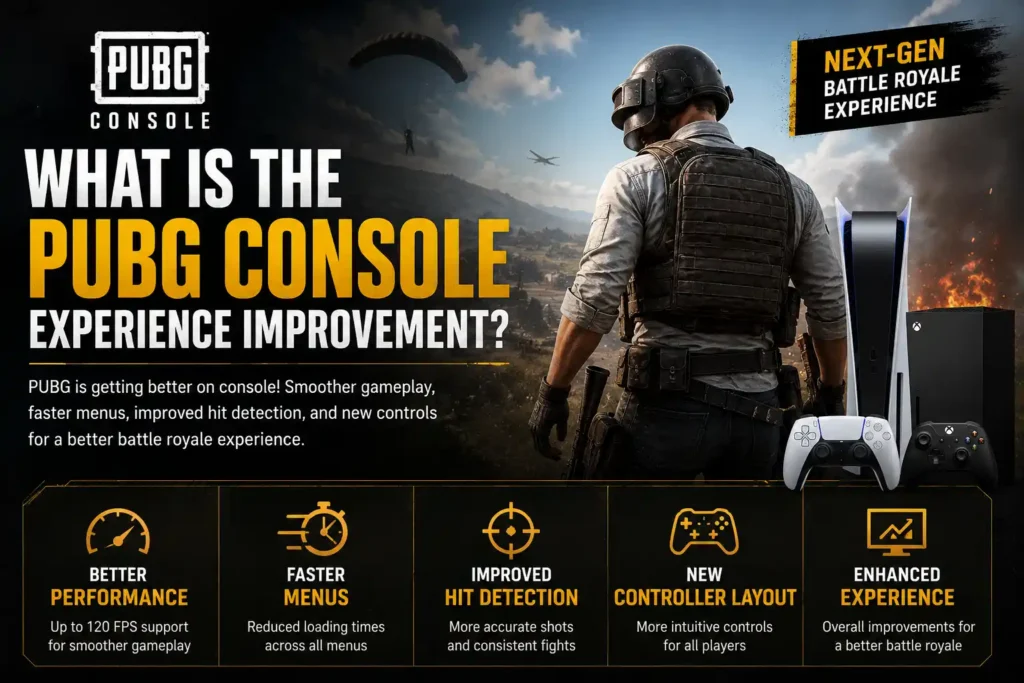 PUBG Console Experience Improvement featuring 120 FPS support, graphics modes, faster loading, hit detection improvements, and new controller layout.