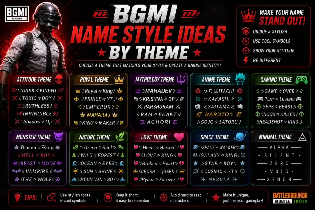 BGMI name style ideas by theme with stylish fonts and symbols